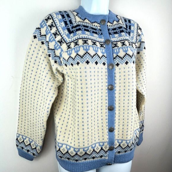 Handmade O Allers Nilssen Norway Wool Fair Isle Cream Blue Cardigan Sweater S/M - Picture 6 of 15